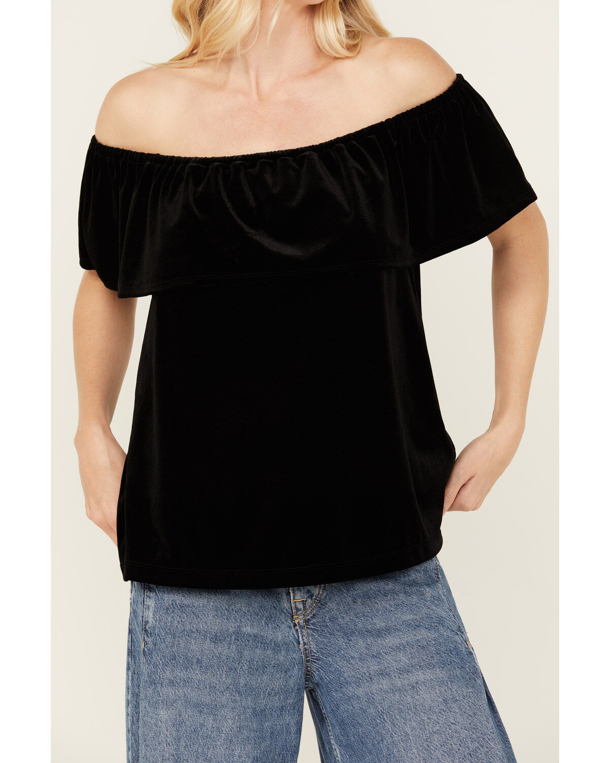 Image #2 - Panhandle Women's Off The Shoulder Short Sleeve Velvet Top, Black, hi-res