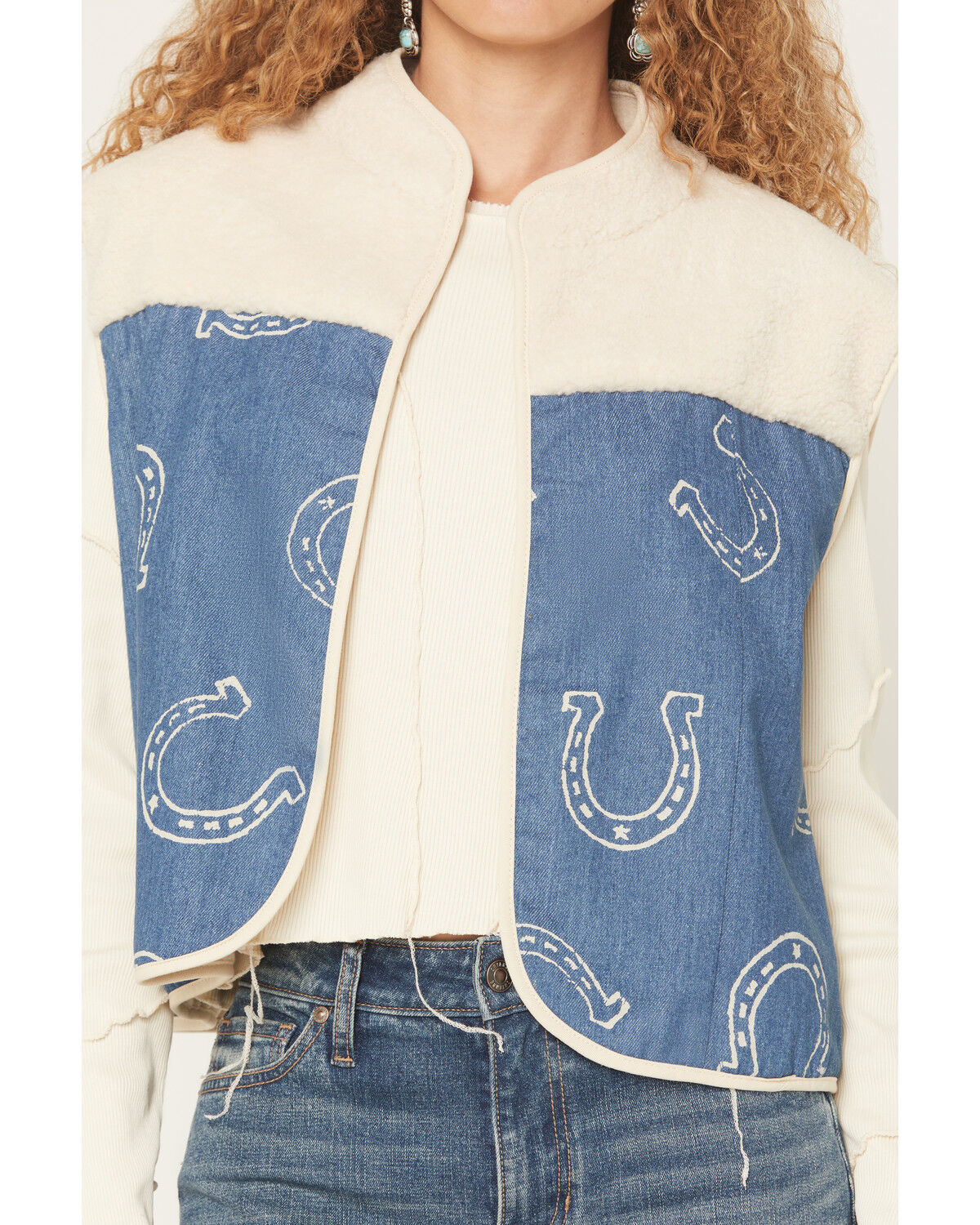 Image #3 - Fornia Women's Boot Barn Exclusive Sherpa Horseshoe Denim Vest, Cream, hi-res