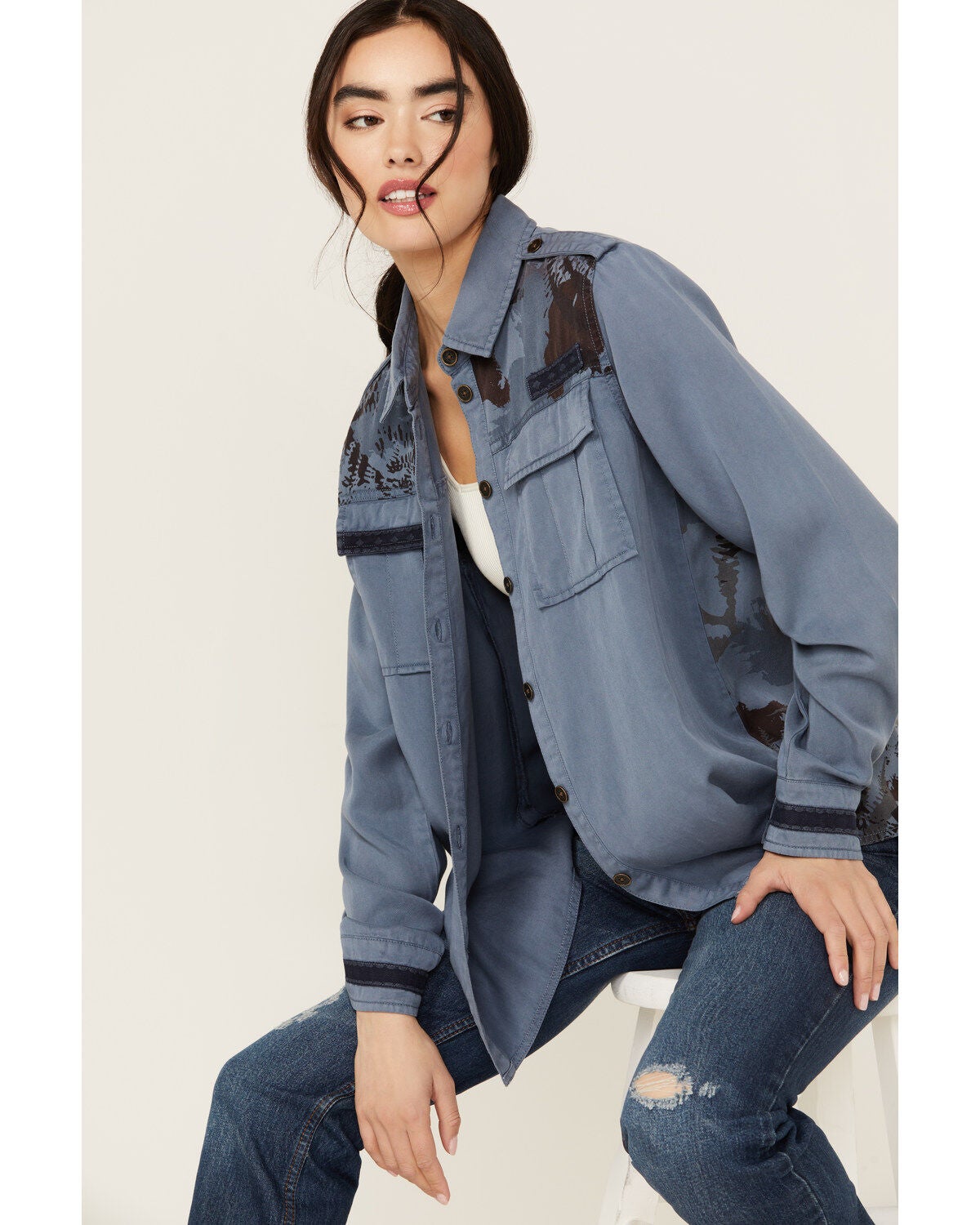 Cleo + Wolf Women's Axel Printed Long Sleeve Button-Down Shirt, Indigo, hi-res