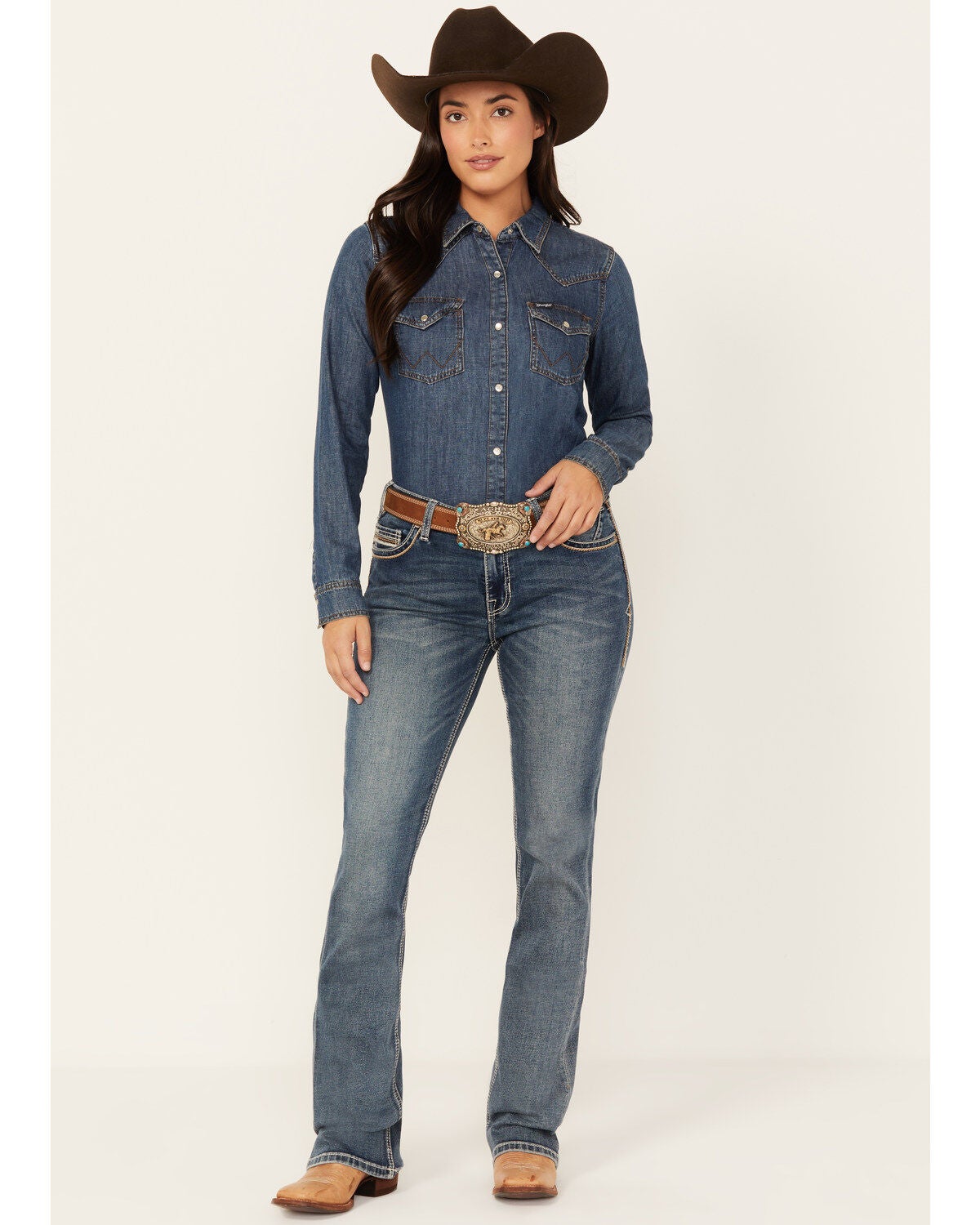 Image #1 - Rock & Roll Denim Women's Medium Wash Mid Rise Stretch Bootcut Jeans, , hi-res