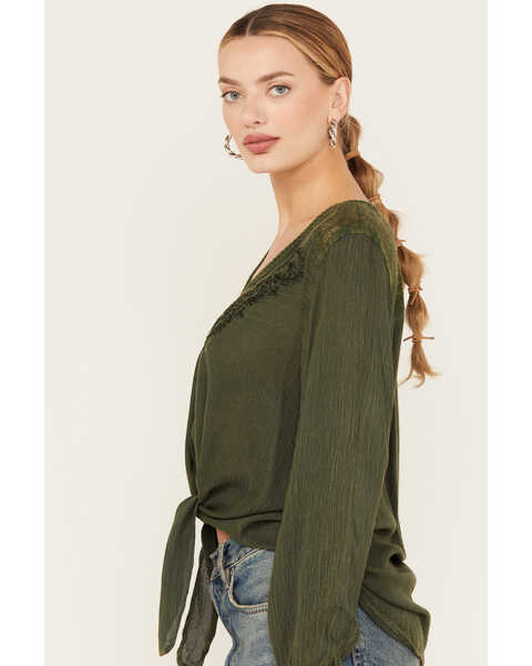 Image #2 - Nostalgia Women's Embroidered Tie Front Long Sleeve Top, Olive, hi-res