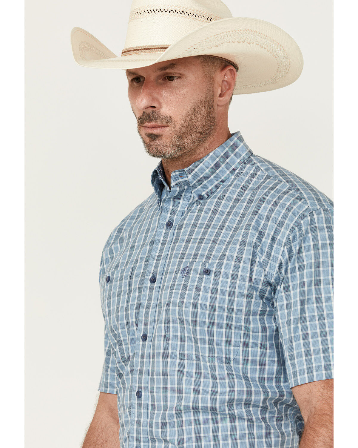 Image #2 - George Strait by Wrangler Men's Plaid Print Short Sleeve Button-Down Western Shirt, Blue, hi-res