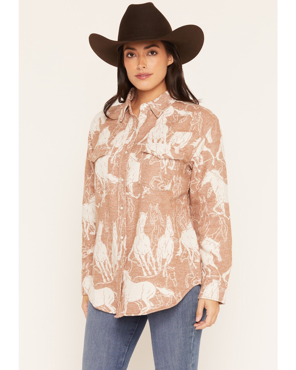 Wrangler Retro Women's Running Horses Long Sleeve Snap Boyfriend Shirt, Brown, hi-res