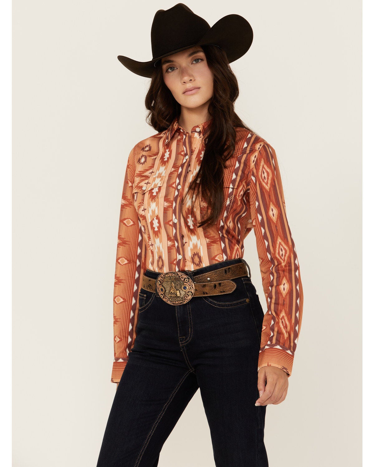 Wrangler Retro Women's Southwestern Print Long Sleeve Snap Western Shirt, Rust Copper, hi-res