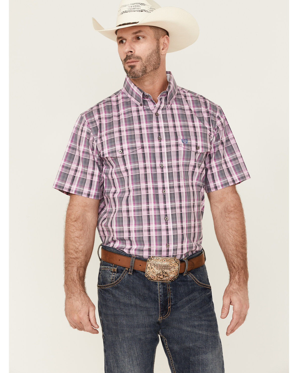 Image #1 - Panhandle Select Men's Small Plaid Print Short Sleeve Button-Down Western Shirt, , hi-res