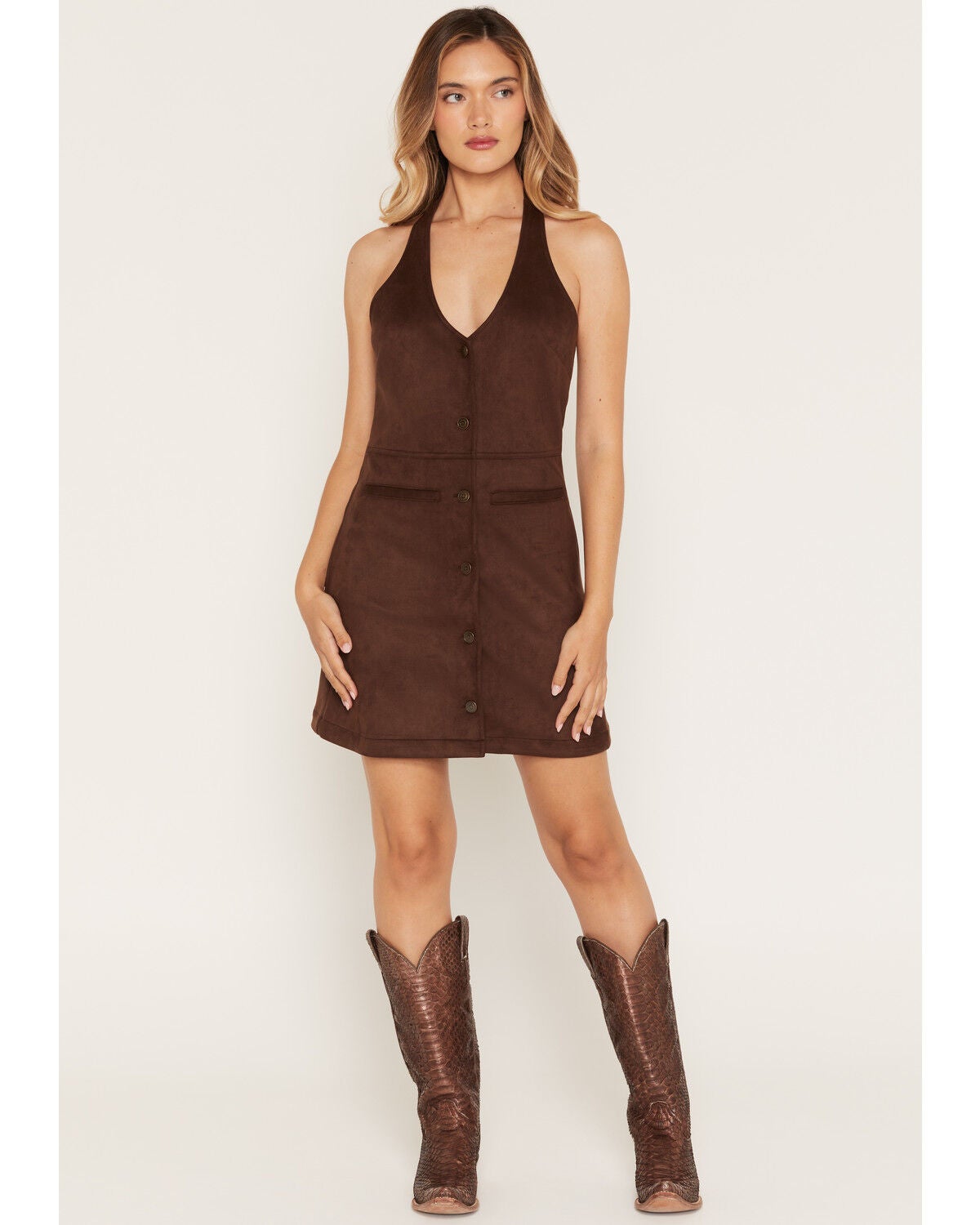 Stoosh Women's Faux Suede Halter Mini Dress, Chocolate, hi-res