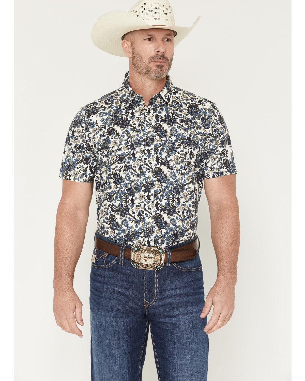 Gibson Trading Co Men's Floral Fever Short Sleeve Snap Western Shirt, Ivory, hi-res