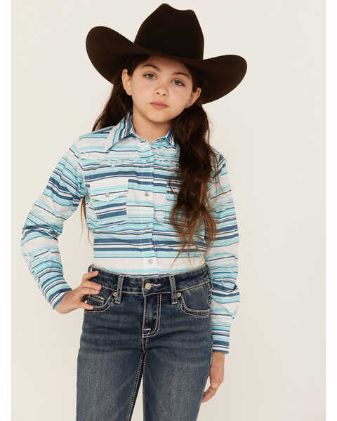 Cowgirl Hardware Girls' Beach Serape Striped Long Sleeve Snap Western Shirt , Turquoise, hi-res