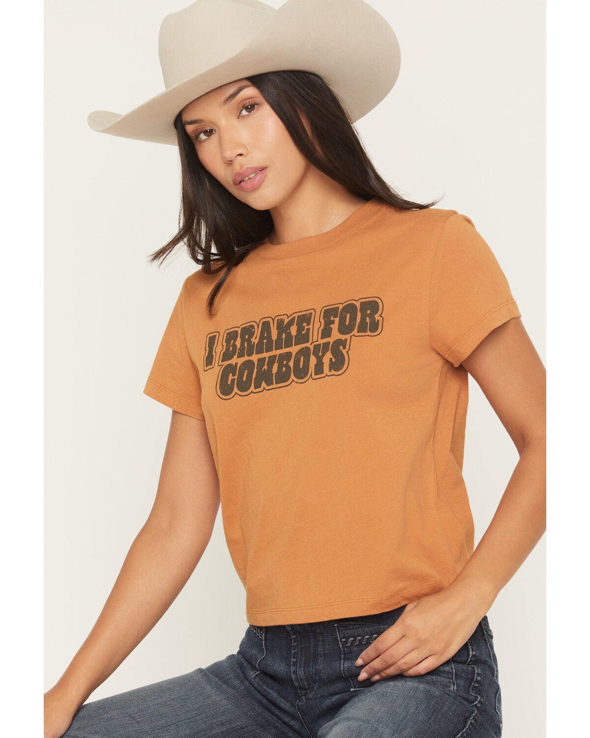 Image #1 - White Crow Women's Brake For Cowboys Short Sleeve Graphic Baby Tee, Caramel, hi-res