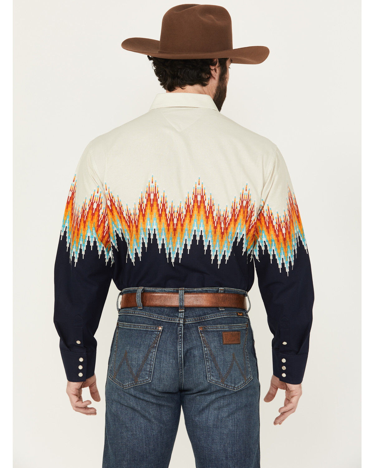 Image #4 - Panhandle Men's Southwestern Border Long Sleeve Snap Western Shirt, Navy, hi-res