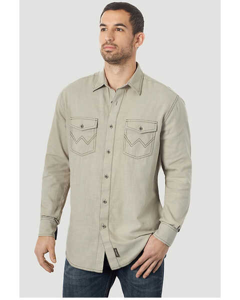 Wrangler Retro Men's Solid Long Sleeve Button Down Western Shirt , Beige/khaki, hi-res