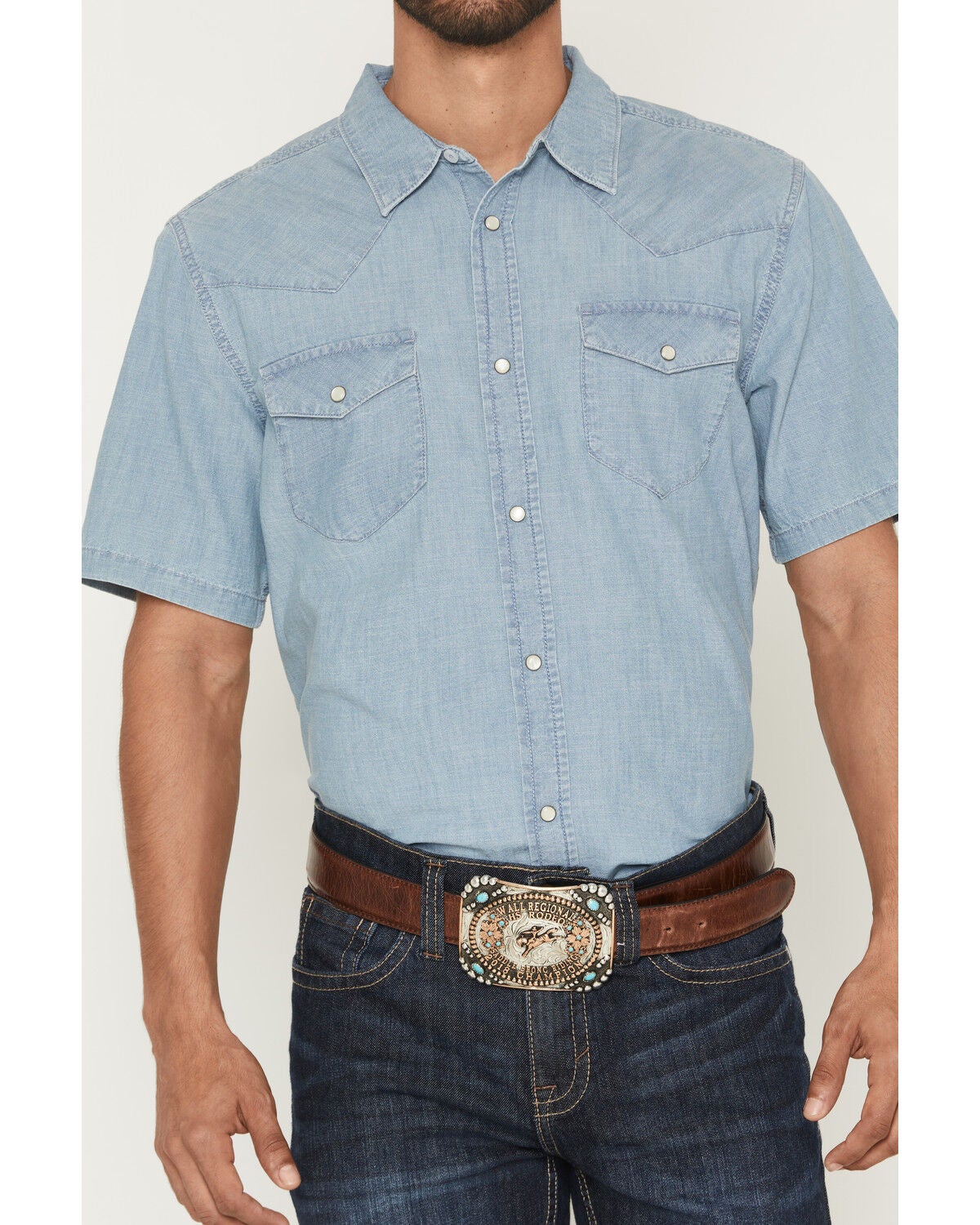 Image #3 - Cody James Men's Horizon Chambray Light Wash Short Sleeve Snap Western Shirt - Tall, Light Wash, hi-res