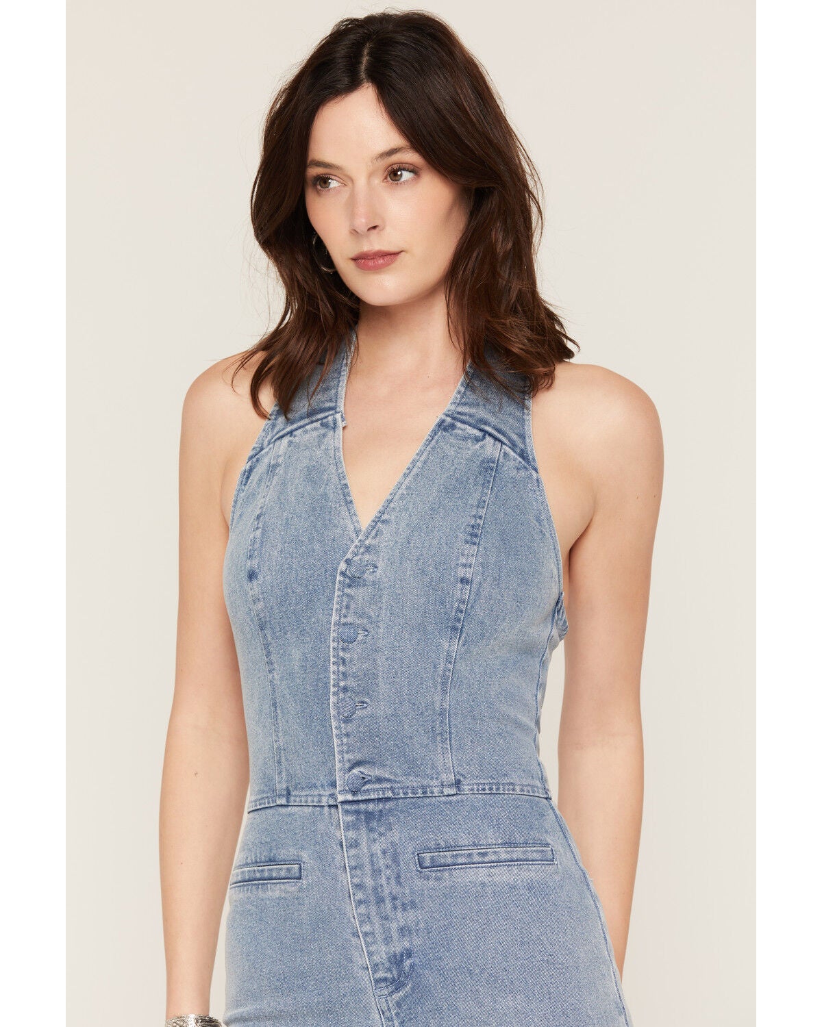Image #3 - Flying Tomato Women's Light Wash Halter Denim Jumpsuit, Light Wash, hi-res