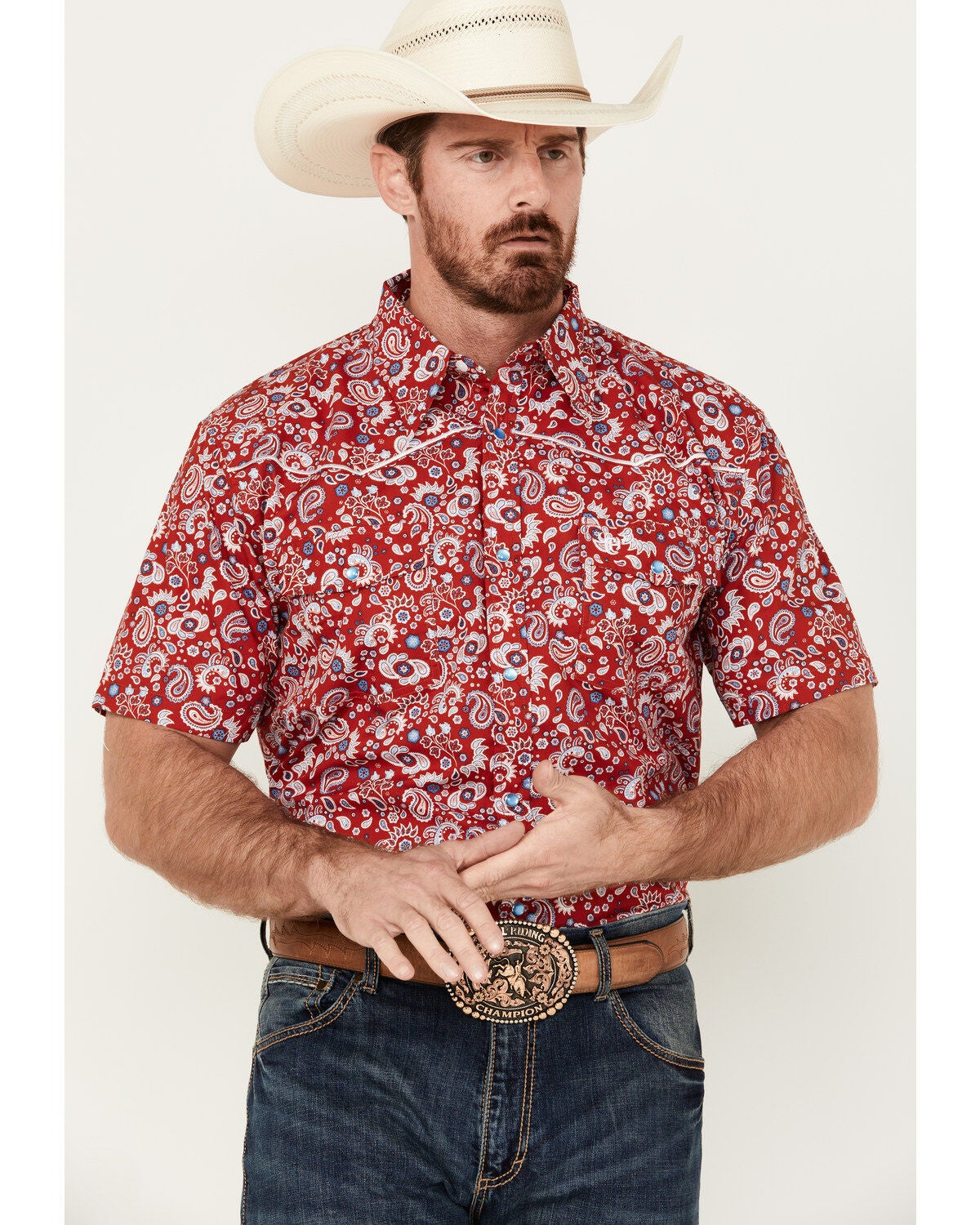 Image #1 - Cowboy Hardware Men's Boot Barn Exclusive Paisley Print Short Sleeve Pearl Snap Western Shirt, , hi-res