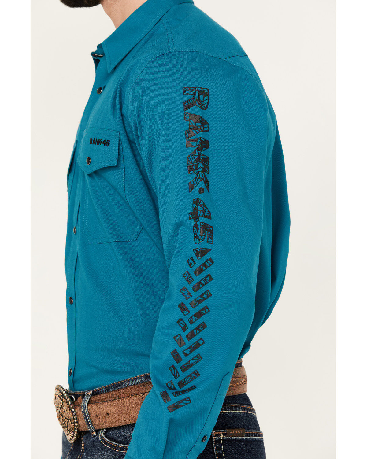 Image #3 - RANK 45® Men's Solid Logo Long Sleeve Performance Stretch Western Shirt, Teal, hi-res