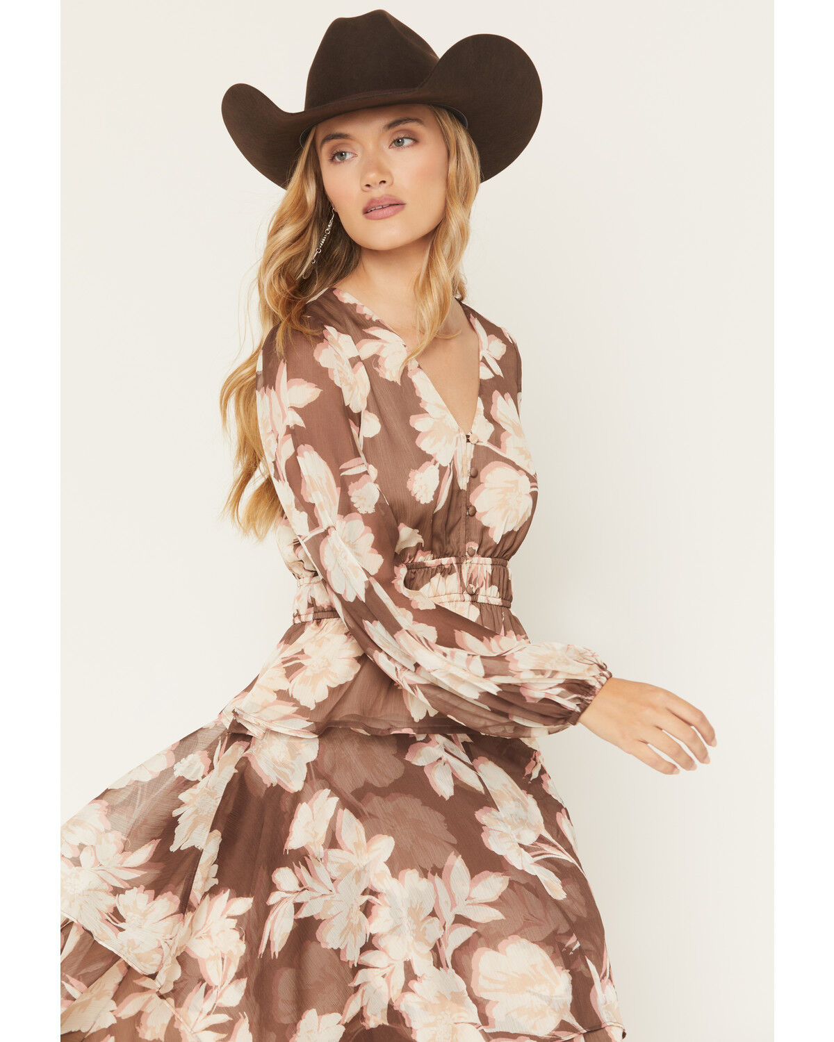 Shyanne Women's Floral Print Long Sleeve Chiffon Shirt, Brown, hi-res