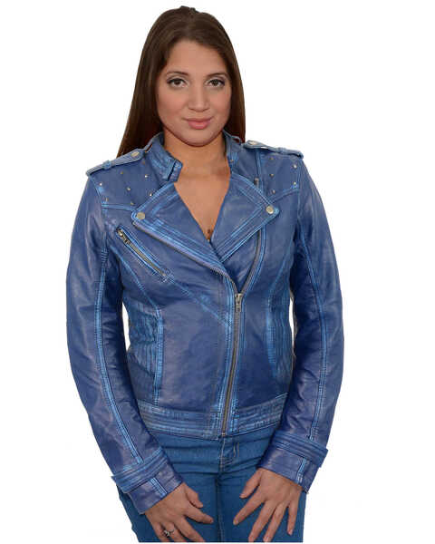Milwaukee Leather Women's Studded Sheepskin Asymmetrical Moto Jacket, Royal Blue, hi-res
