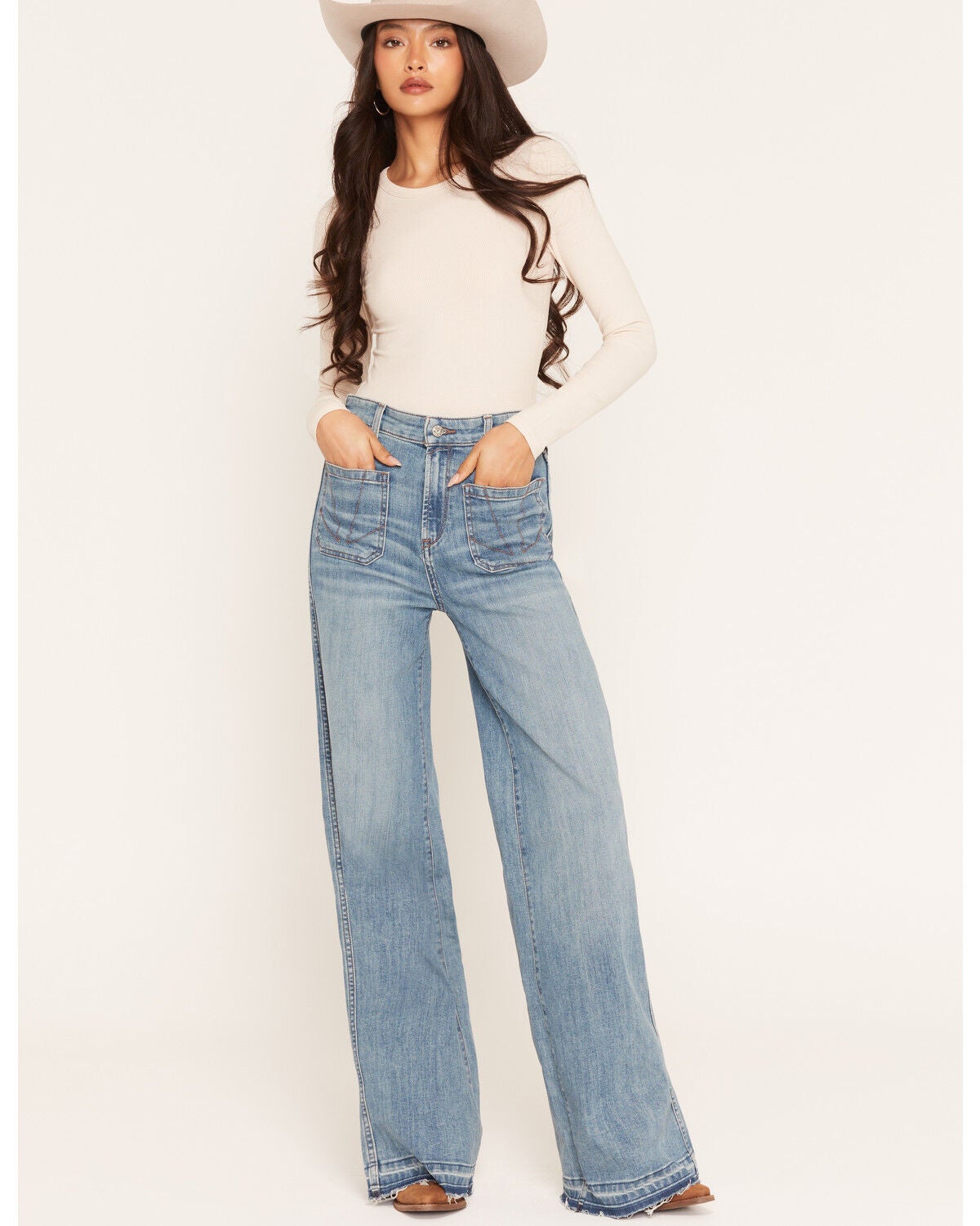 Ariat Women's R.E.A.L. Delaware Medium Wash High Rise Marvis Wide Leg Stretch Denim Jeans, Medium Wash, hi-res