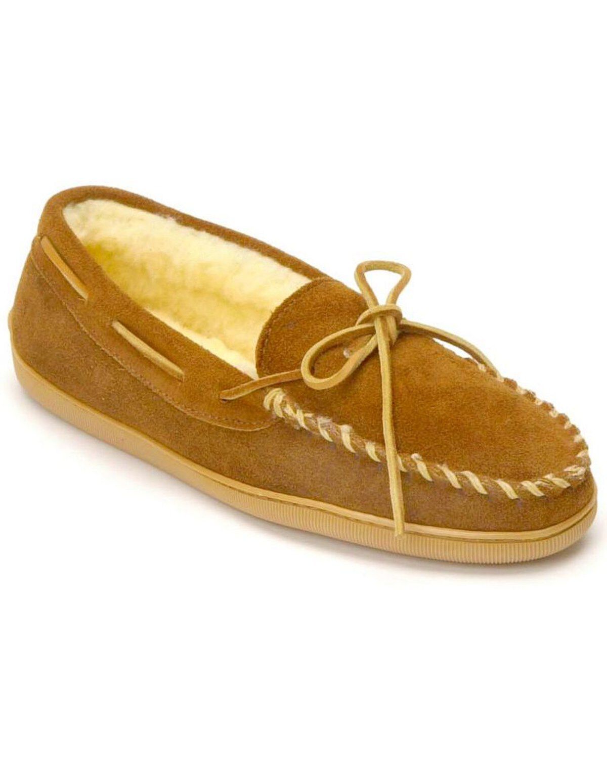 Image #1 - Minnetonka Pile Lined Hardsole Moccasins - Moc Toe, Brown, hi-res