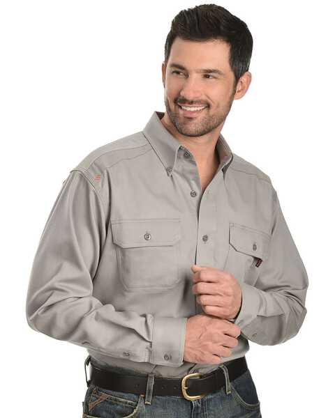 Ariat Men's Woven Solid Print Fire Resistant Work Shirt, Silver, hi-res