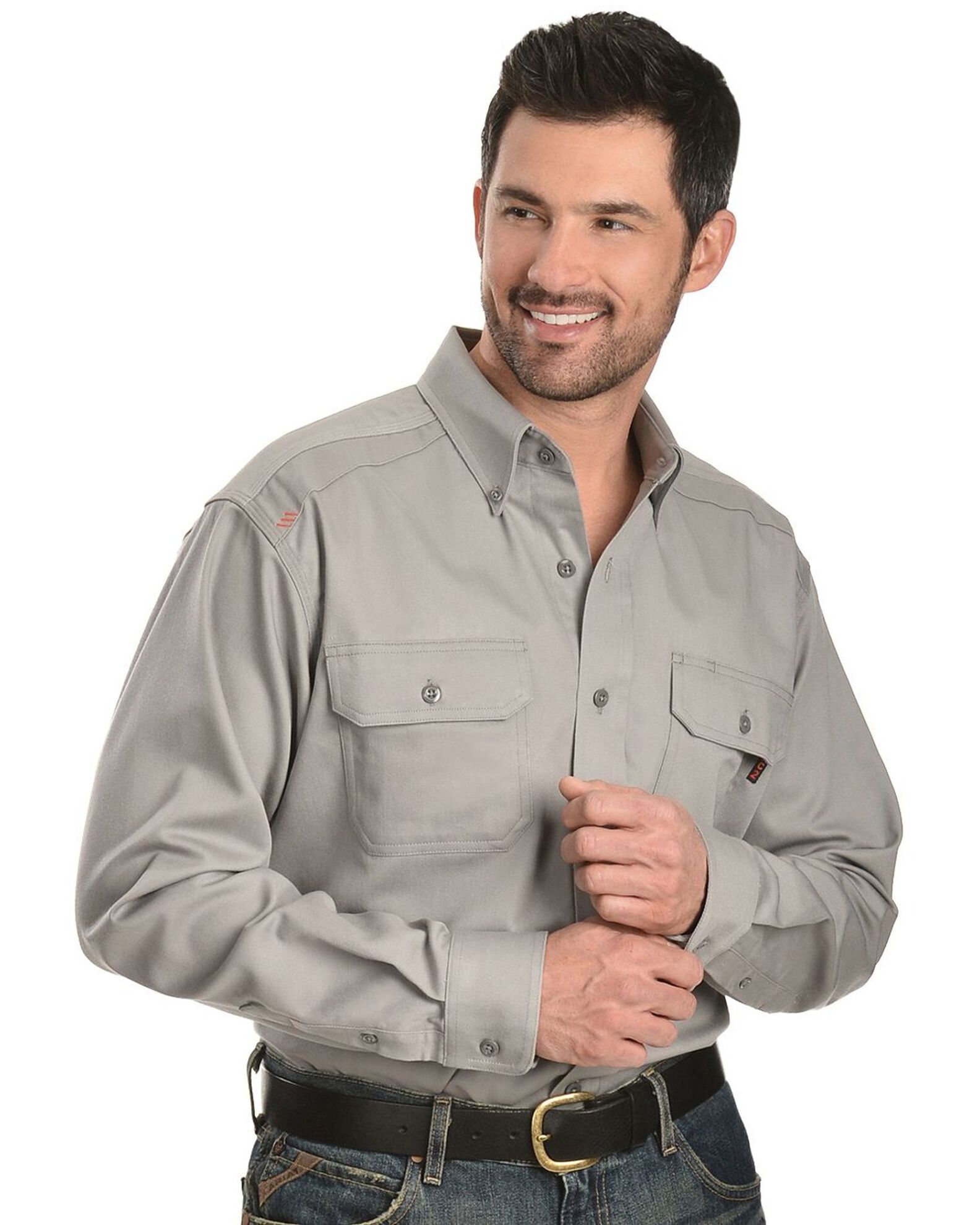 Image #1 - Ariat Men's Woven Solid Print Fire Resistant Work Shirt, Silver, hi-res