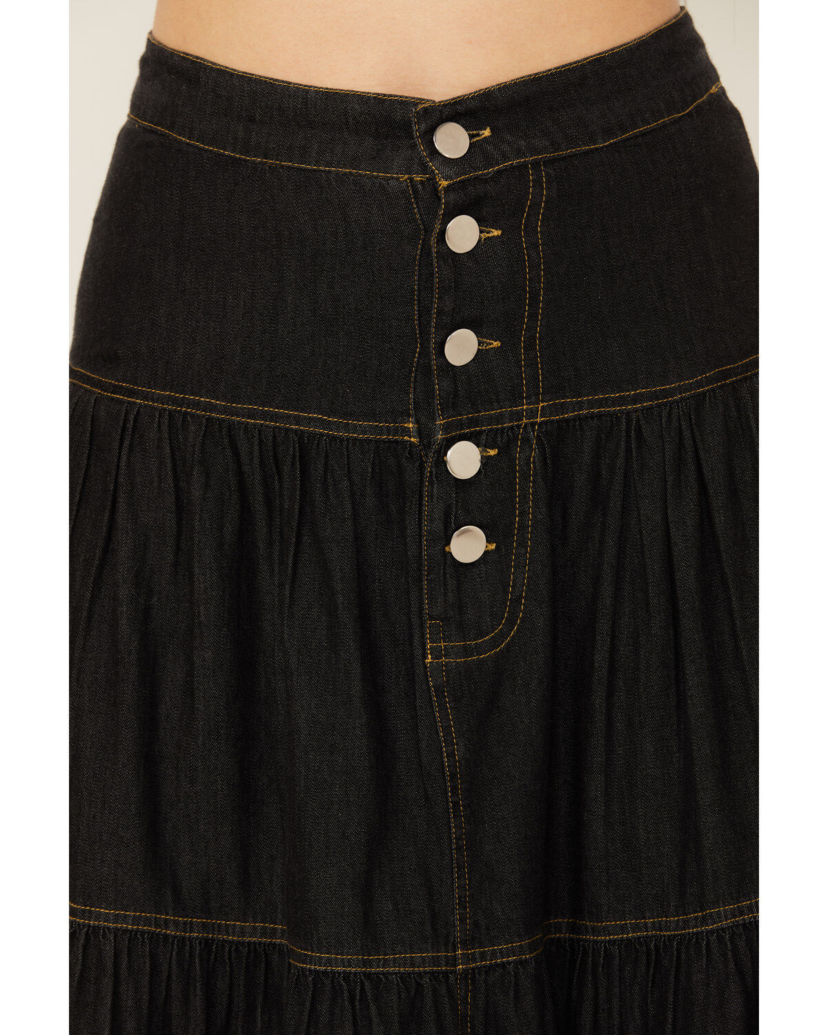 Image #2 - Revel Women's Tiered Denim Maxi Skirt, Black, hi-res