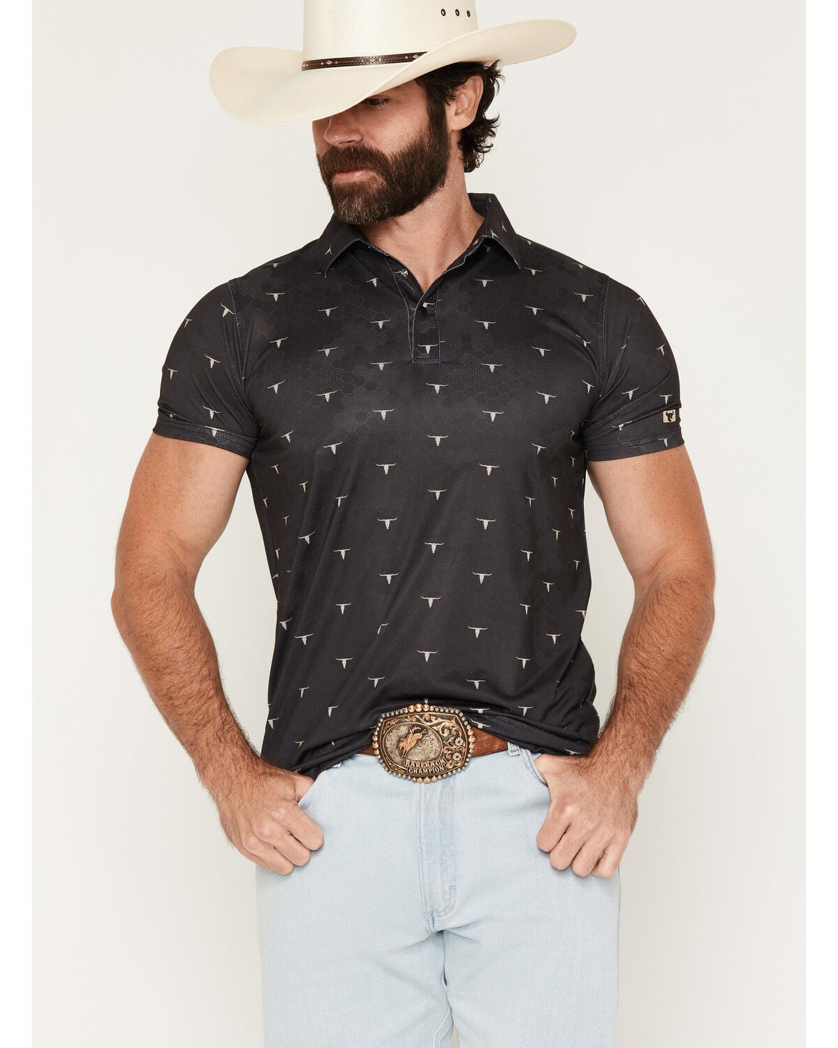 Cowboy Hardware Men's Skull Scatter Short Sleeve Snap Polo, Black, hi-res