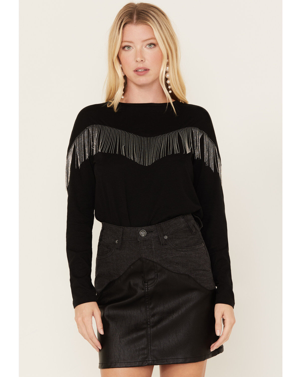 Image #1 - Rock & Roll Denim Women's Chain Fringe Long Sleeve Tee, , hi-res