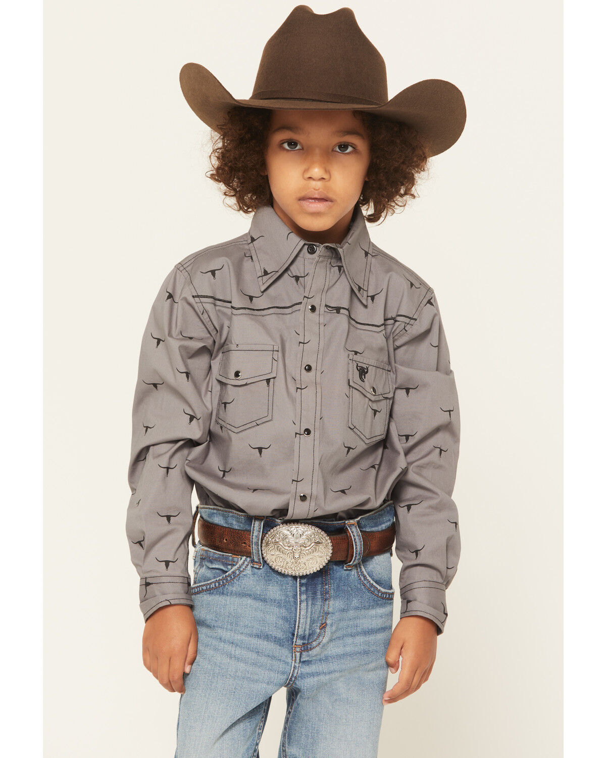 Image #1 - Cowboy Hardware Boys' Skull Scatter Long Sleeve Snap Stretch Western Shirt, Charcoal, hi-res