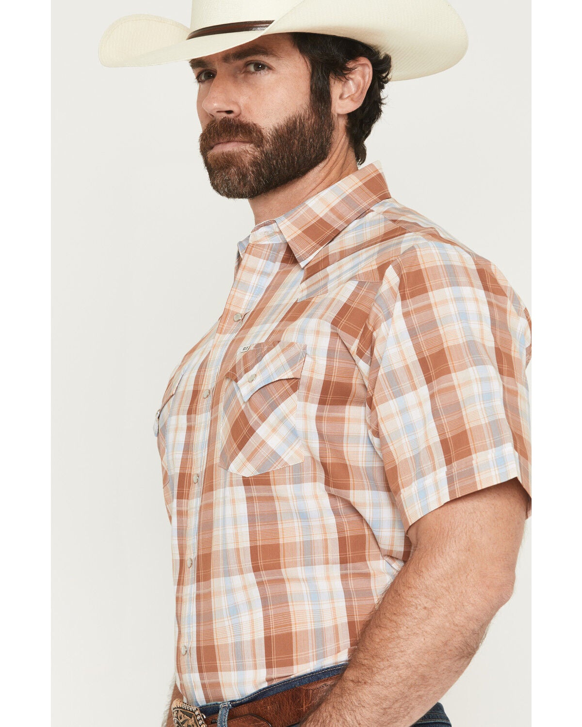 Image #2 - Ely Walker Men's Plaid Print Short Sleeve Pearl Snap Western Shirt, Gold, hi-res