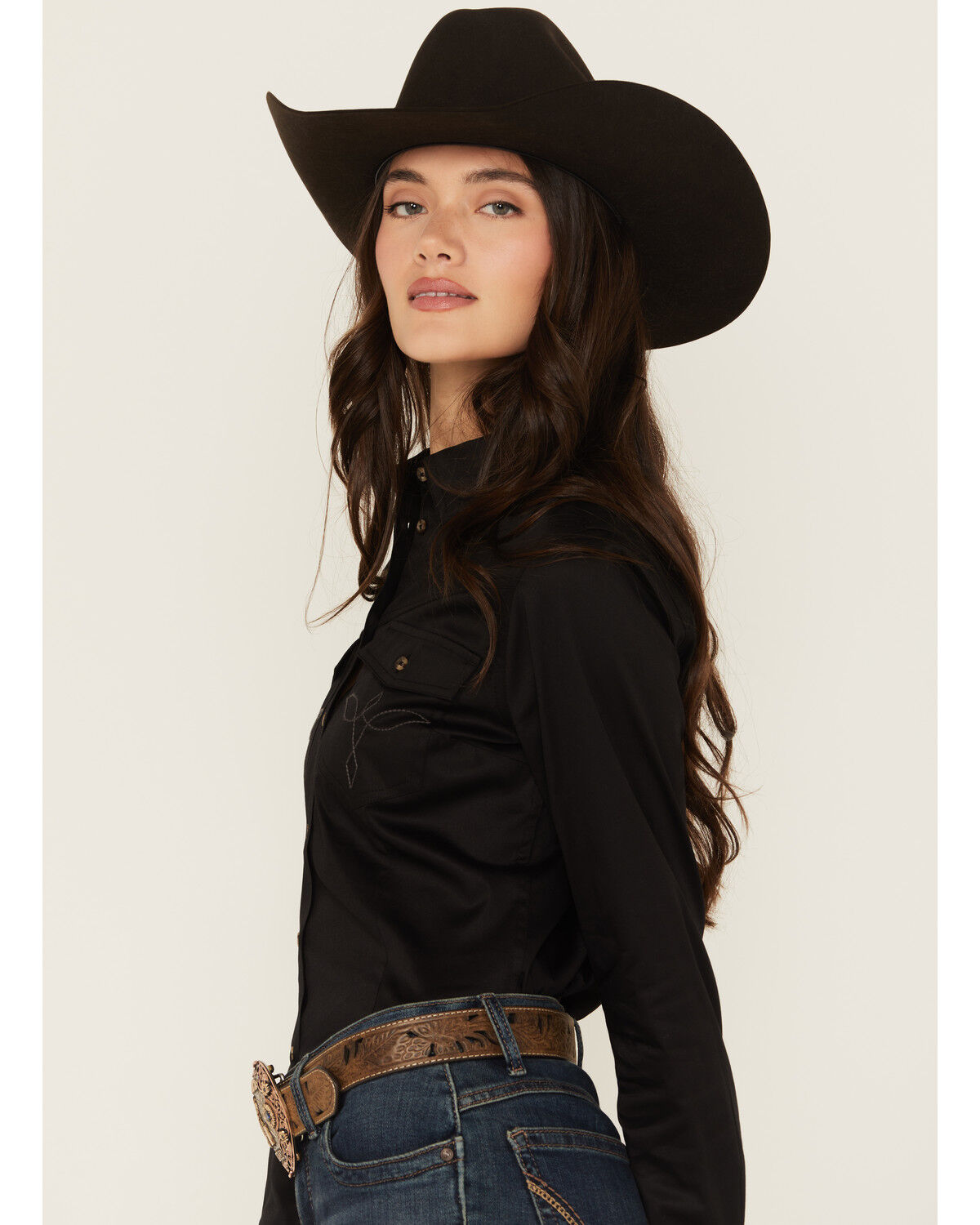 Image #2 - Shyanne Women's Poplin Embroidered Long Sleeve Button-Down Stretch Western Shirt, Black, hi-res