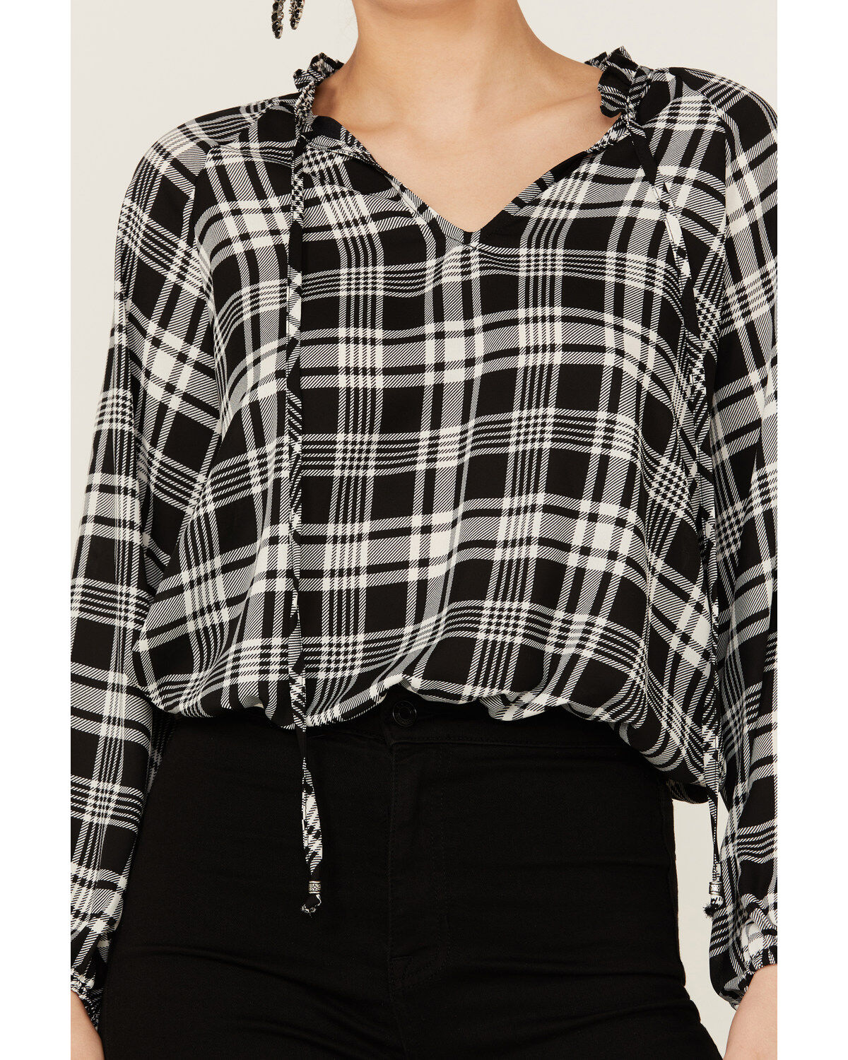 Image #2 - Wild Moss Women's Long Sleeve Tie Neck Peasant Blouse, Black, hi-res