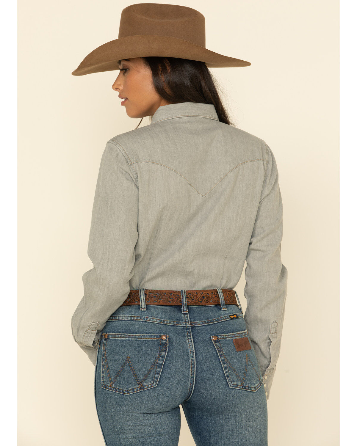 Image #8 - Wrangler Women's Solid Long Sleeve Snap Denim Shirt, Grey, hi-res