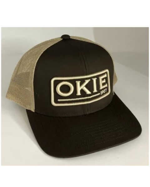 Okie Men's Dark Brown & Tan Nader Puff Logo Embroidered Mesh-Back Trucker Cap, Dark Brown, hi-res