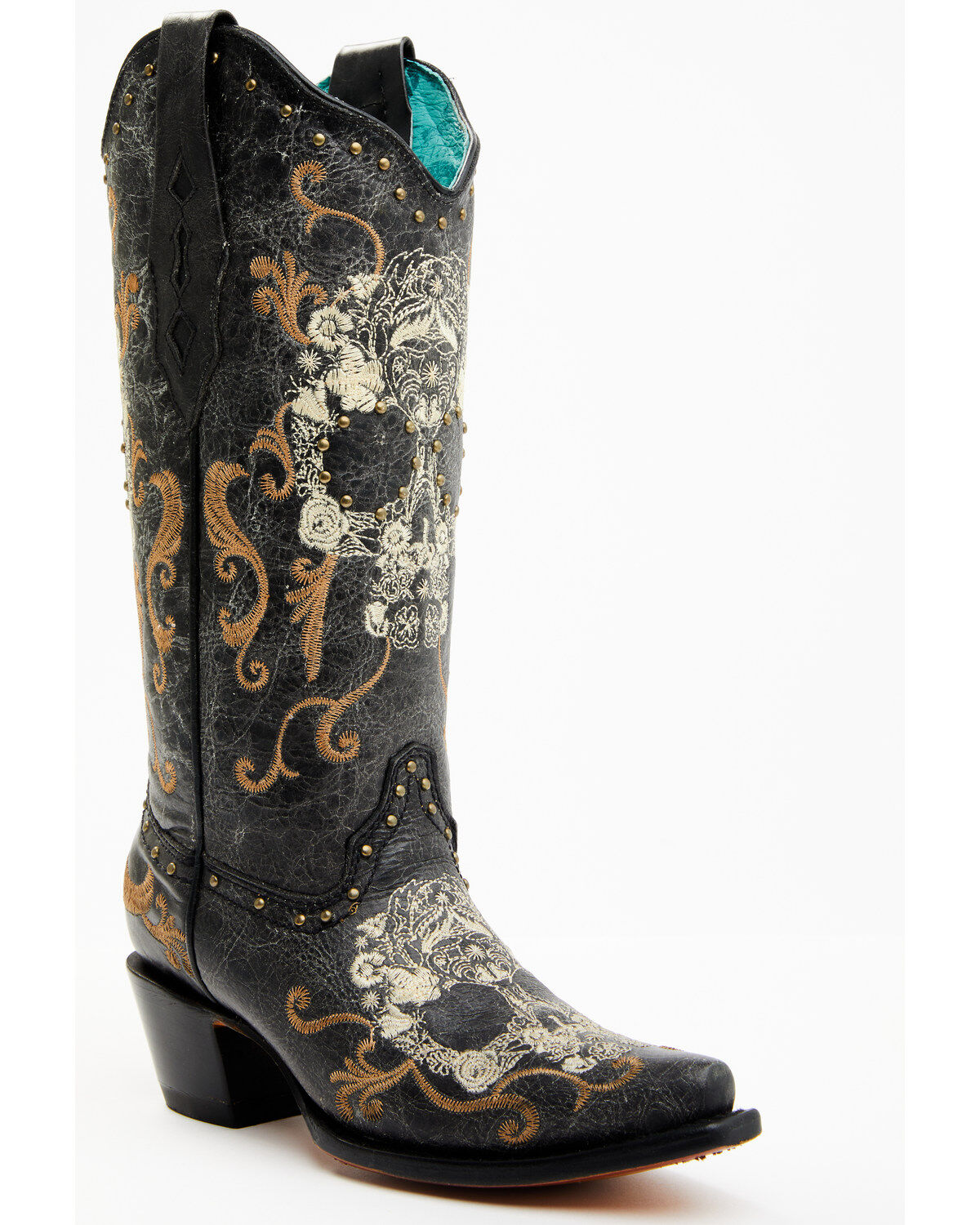 Image #1 - Corral Women's Floral Skull Embroidery & Studs Western Boots - Snip Toe, , hi-res