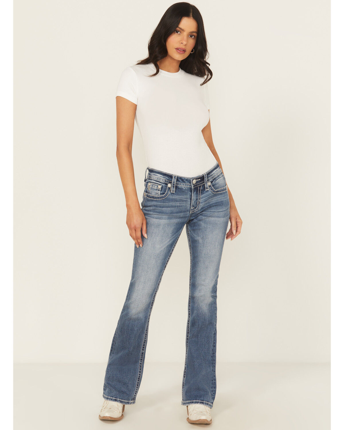 Product Name:  Miss Me Women's Dark Wash Mid Rise Bootcut Patchwork Flap Stretch Denim Jeans