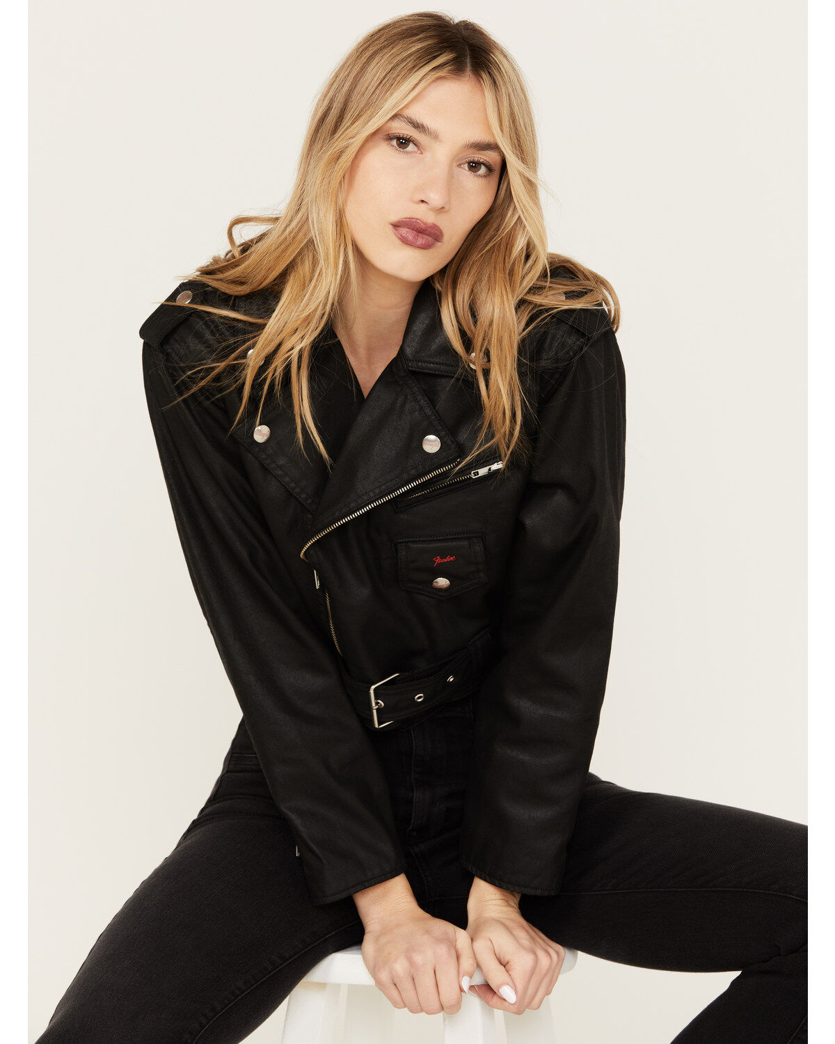 Image #1 - Wrangler X Fender Women's Cropped Moto Jacket, Black, hi-res