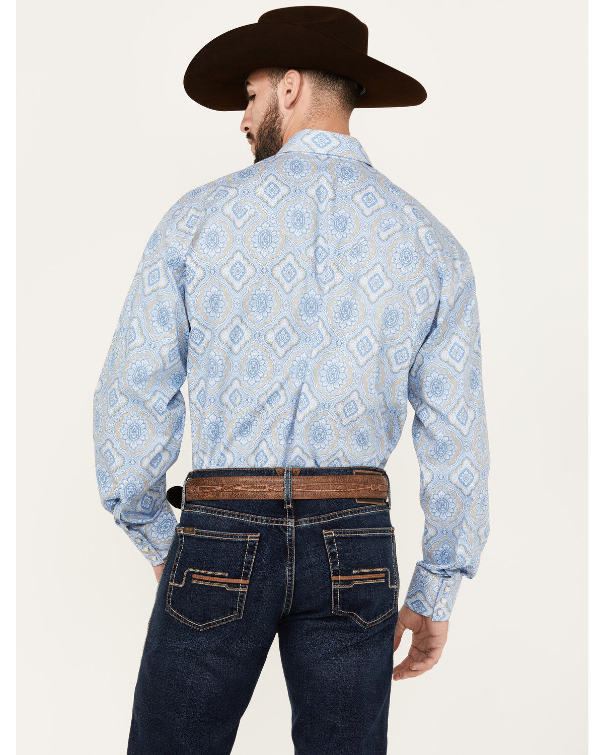 Image #4 - Stetson Men's Medallion Print Long Sleeve Pearl Snap Western Shirt, Blue, hi-res
