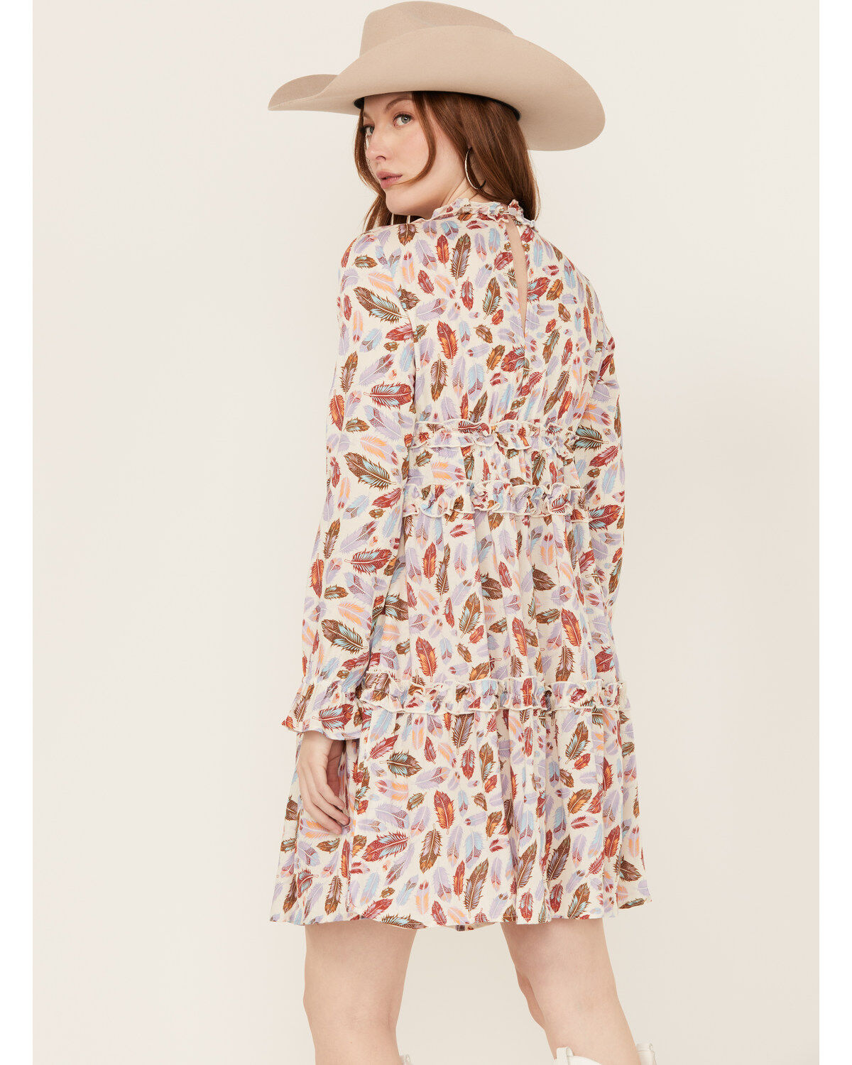 Image #4 - Roper Women's Feather Print Long Sleeve Mini Dress, Cream, hi-res