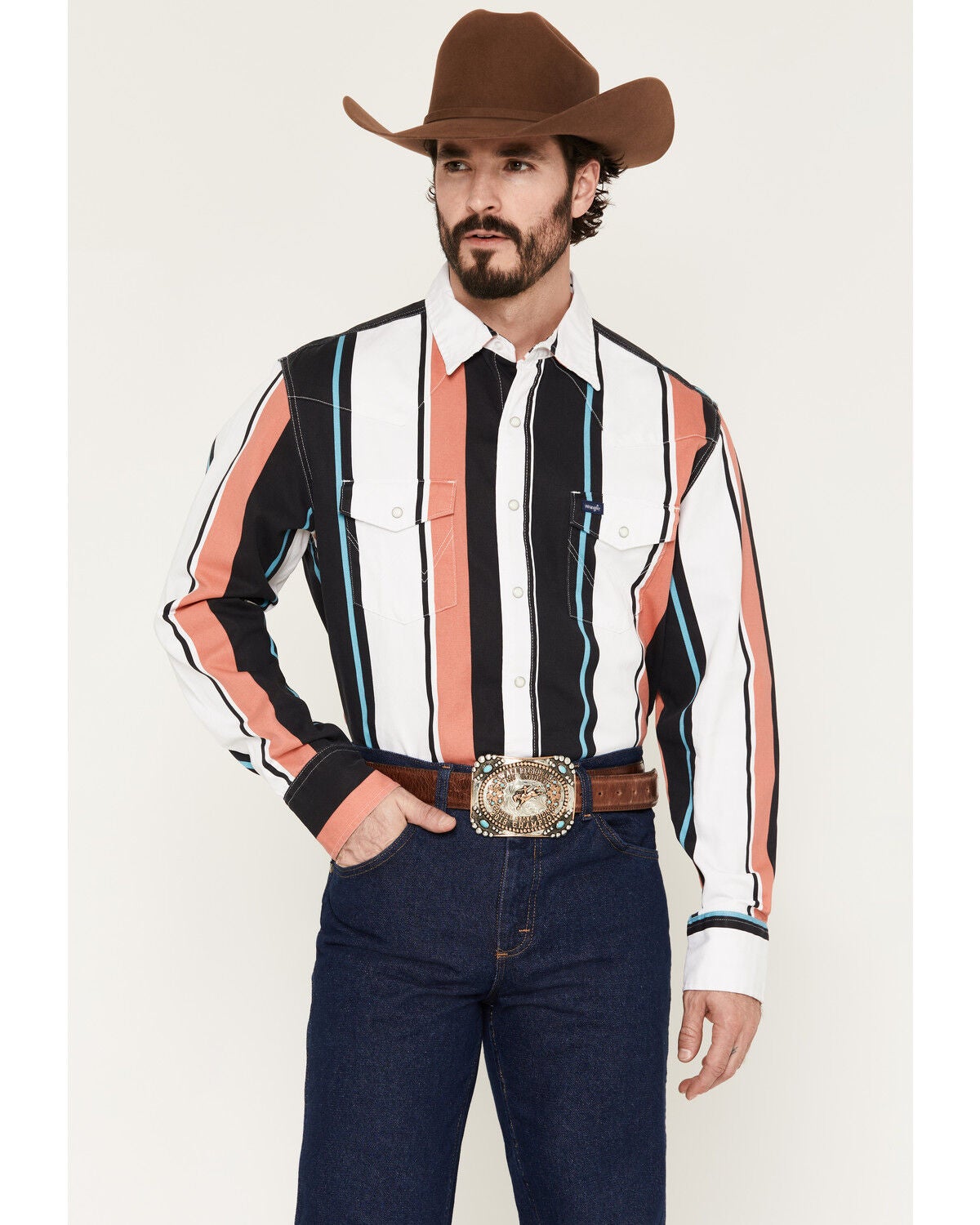 Wrangler Men's Brushpopper Striped Long Sleeve Snap Western Shirt, Black, hi-res