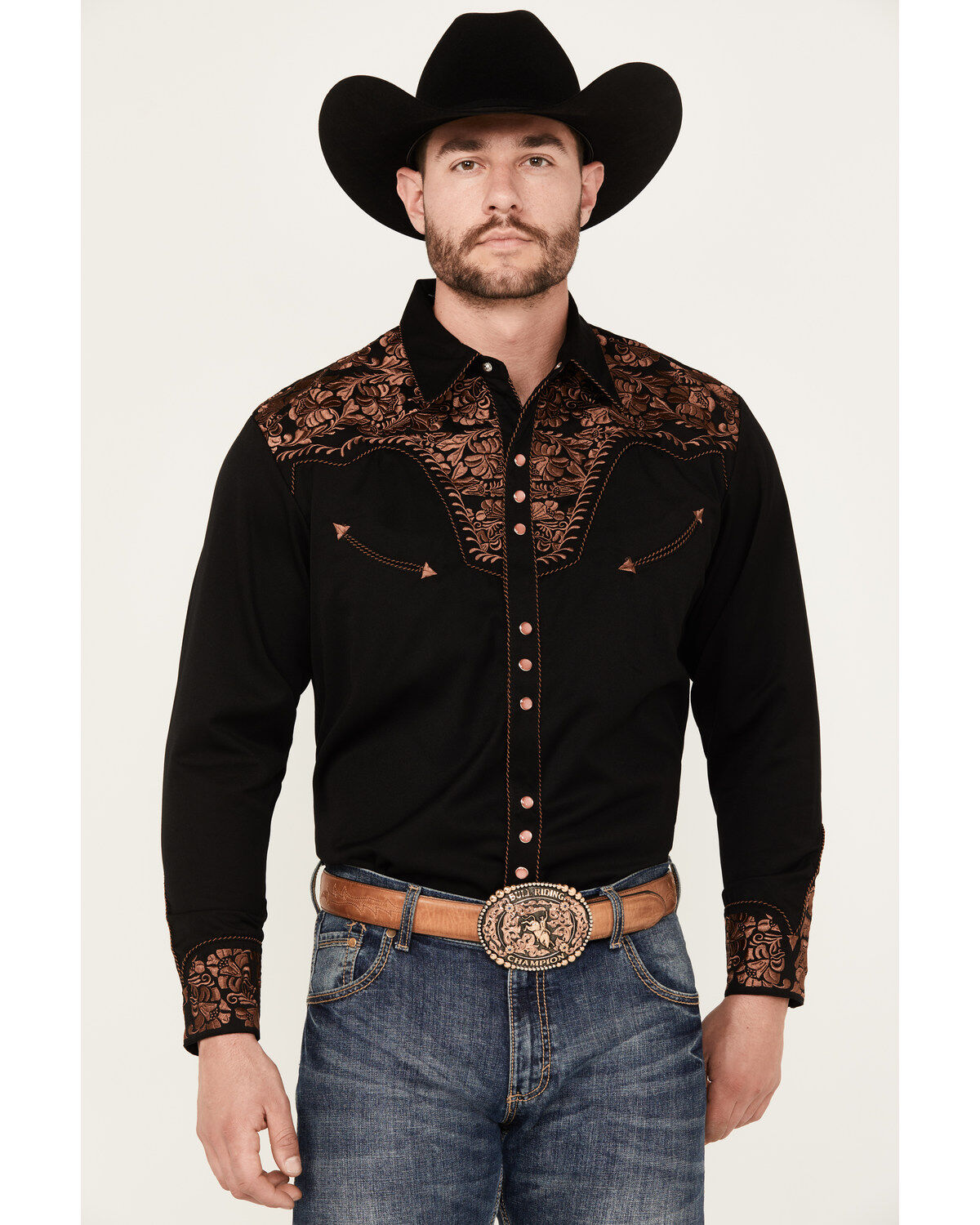 Image #1 - Scully Men's Embroidered Gunfighter Long Sleeve Snap Western Shirt, Black, hi-res