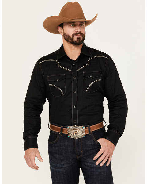 Rock 47 by Wrangler Men's Embroidered Long Sleeve Western Snap Shirt - Tall, Black, hi-res