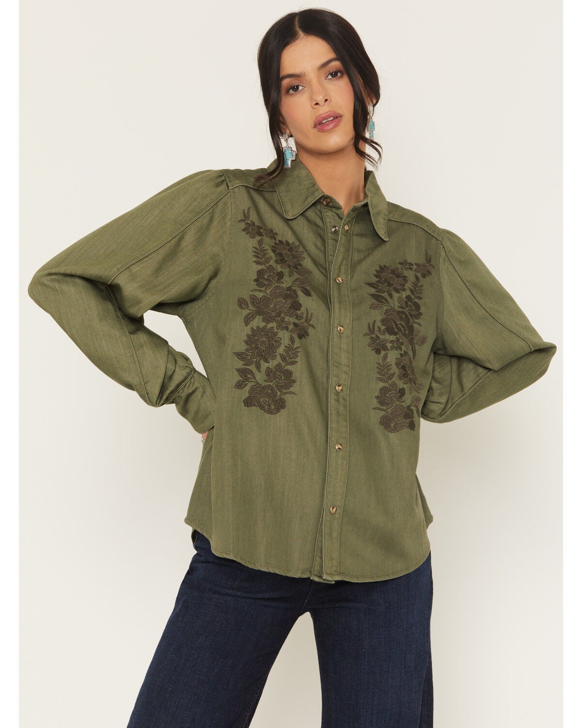 Kimes Ranch Women's Mae Floral Embroidered Long Sleeve Snap Relaxed Fit Western Shirt, Olive, hi-res
