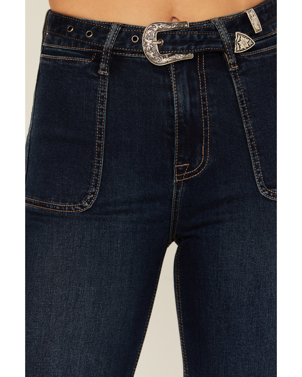 Image #2 - Rock & Roll Denim Women's Dark Wash High Rise Self Belt Wide Leg Stretch Flare Jeans, Dark Wash, hi-res