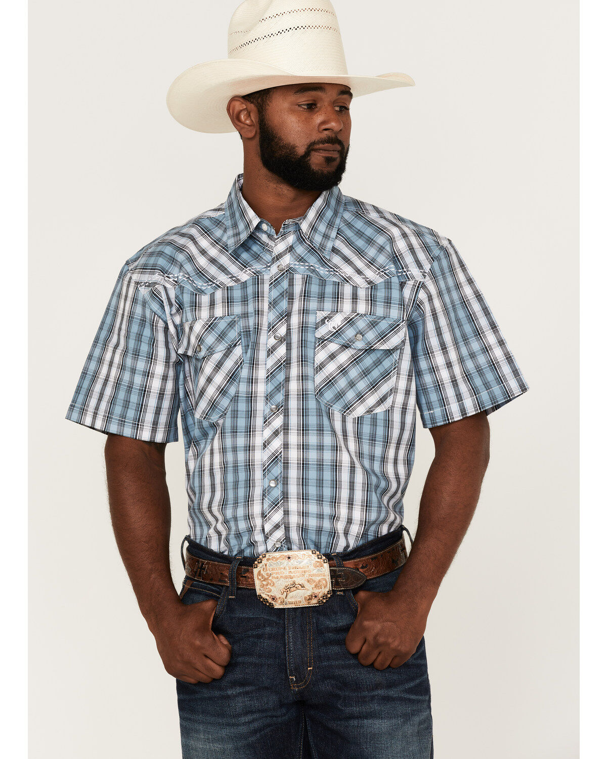 Image #1 - Cowboy Hardware Men's Arroyo Large Plaid Print Short Sleeve Snap Western Shirt, , hi-res