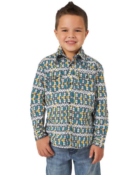 Wrangler 20X Boys' Advanced Comfort Southwestern Print Long Sleeve Western Shirt , Teal, hi-res