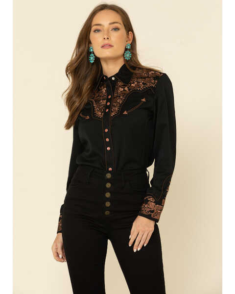 Image #1 - Scully Women's Floral Embroidered Long Sleeve Western Shirt, Black, hi-res