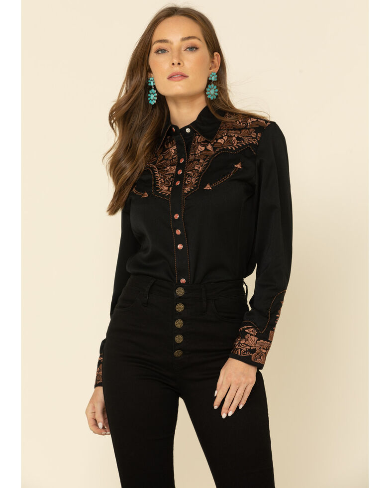 Scully Women's Floral Embroidered Long Sleeve Western Shirt, Black, hi-res