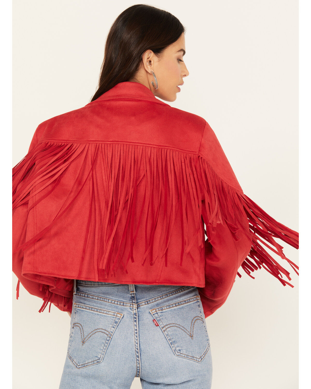 Image #4 - Saints & Hearts Women's Faux Suede Cropped Fringe Jacket, Red, hi-res