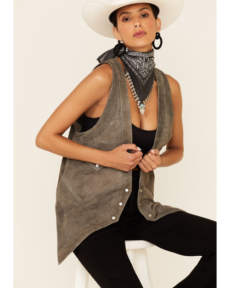 Understated Leather Women's Grey Suede Embroidered Snap-Front Fleece Vest , Grey, hi-res